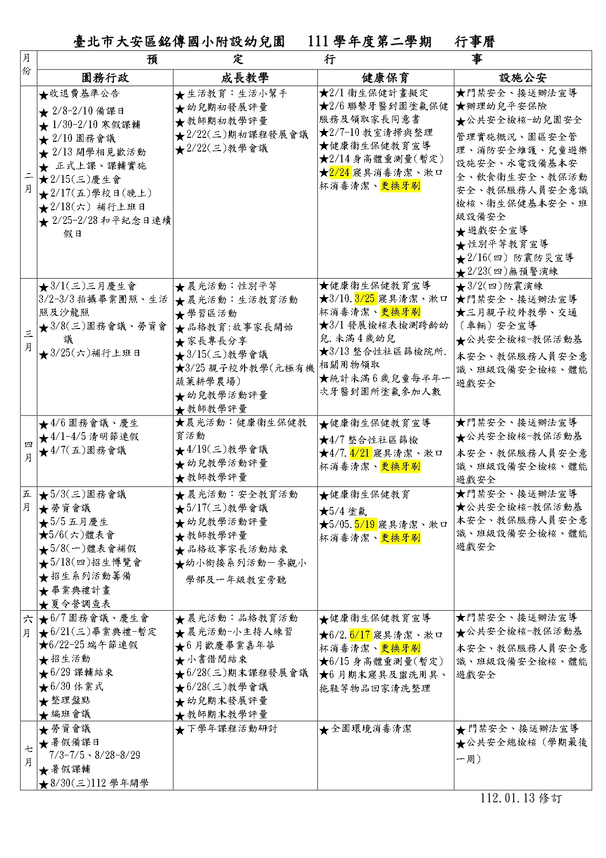 111學年下學期行事曆