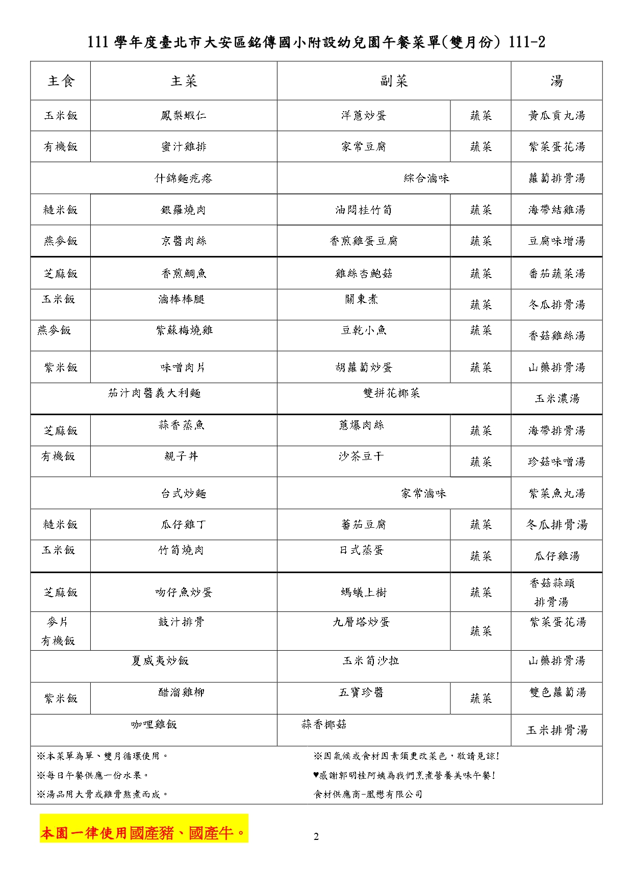 111學年下學期單月午餐表