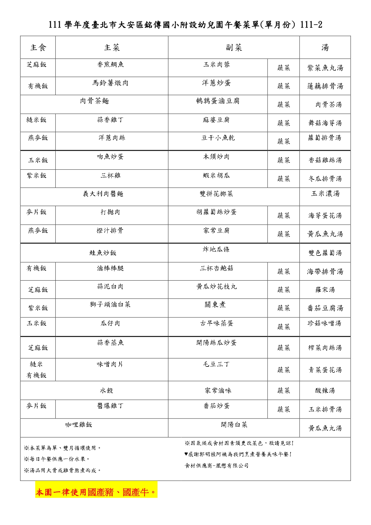 111學年下學期雙月點心表